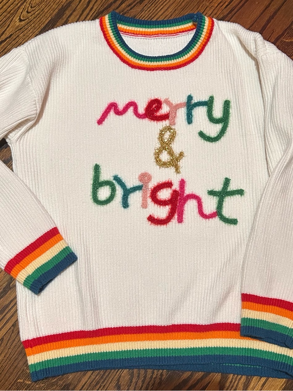 Merry & Bright White Rainbow-Trim Women's holiday Sweater